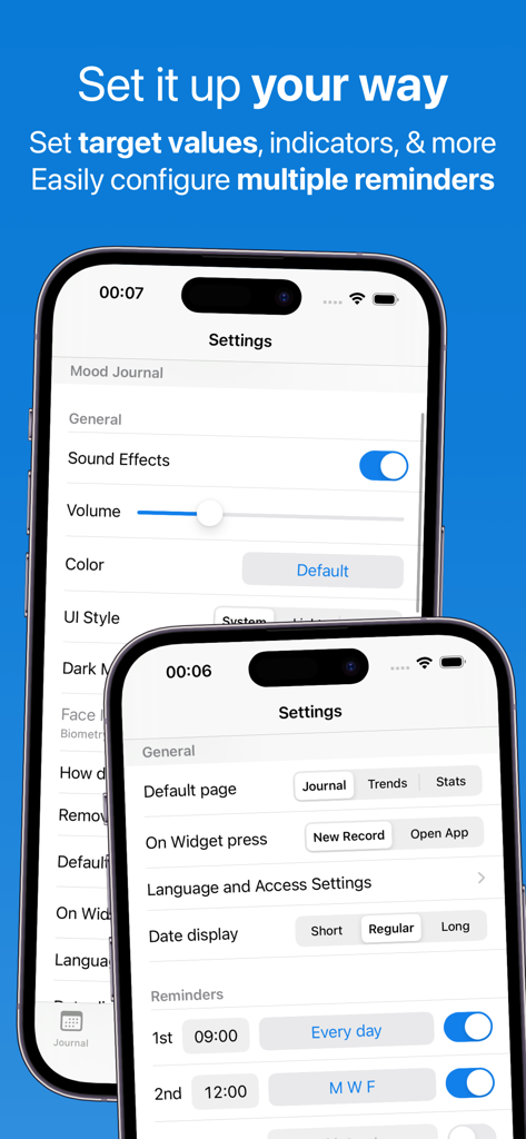 Settings screen of Feeltracker app displaying customization options for reminders, sound effects, and UI styling.