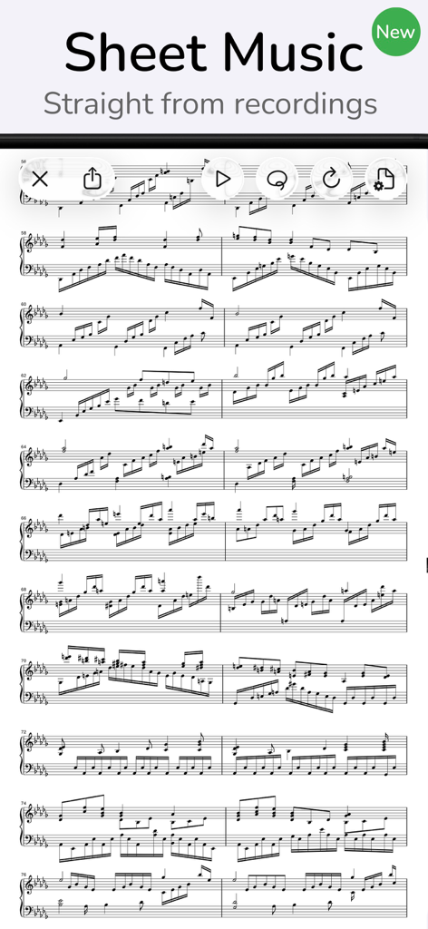 Piano sheet music generated from audio recordings