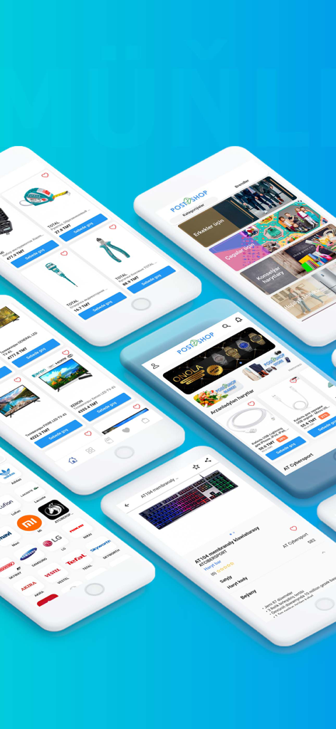 PostShop - Multiple mobile screens showing the PostShop app interface with product categories like electronics and clothing