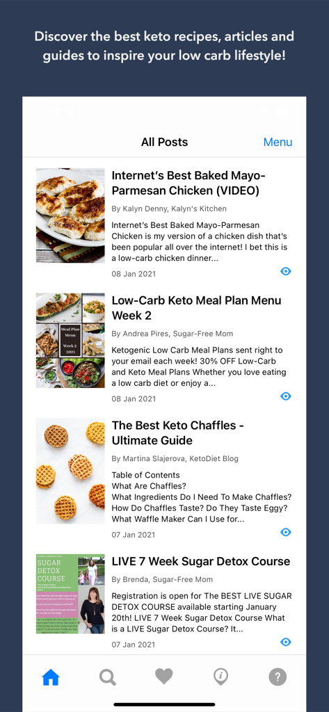Keto App: Recipes Guides News - Interfaz de la aplicación Keto mostrando un feed de recetas bajas en carbohidratos, planes de comidas y guías de salud de varios bloggers.