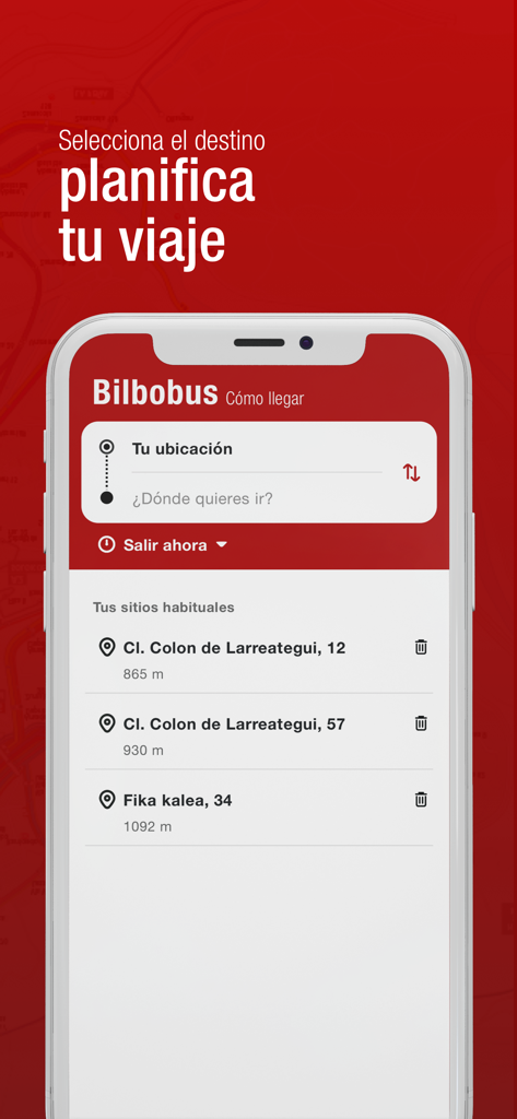 Bilbobus app interface for planning bus routes in Bilbao with saved locations and search fields