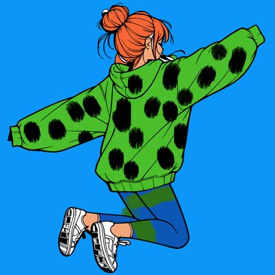 realistic girl jumping with a bun and oversized sweatshirt