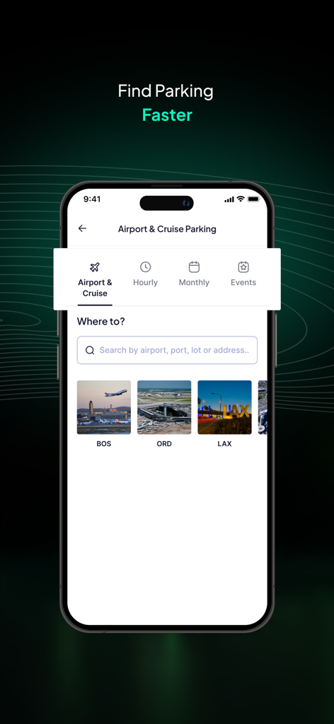 Way - #1 Car Services App - Way app interface for finding and reserving airport and cruise parking with options for BOS ORD and LAX