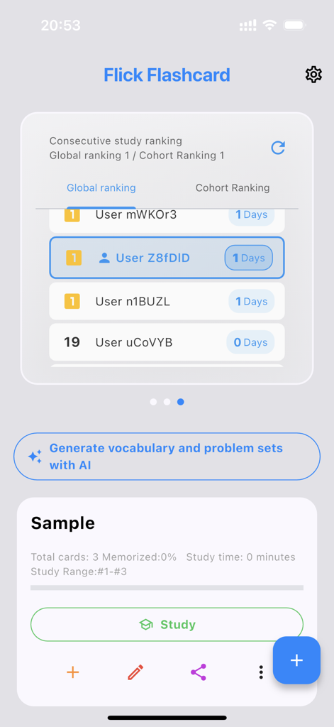 Tela inicial do aplicativo Flick Flashcard mostrando classificações globais de estudo e botão de geração de vocabulário com IA