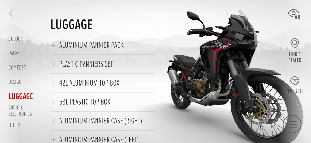 Interfaz de la aplicación Honda Motorcycles que muestra las opciones de accesorios de equipaje para un modelo Africa Twin