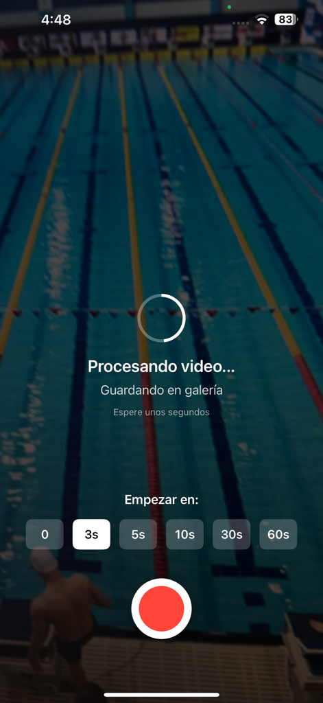 SwimCam - SwimCam app interface showing video processing and countdown timer settings at a pool