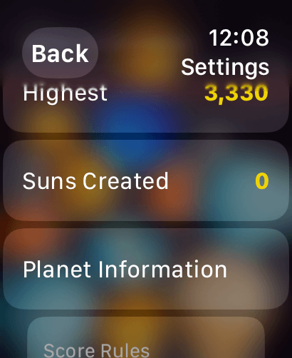 Merge Sun Master for watch - Settings and stats screen of Merge Sun Master on Apple Watch showing highest score and game menu.