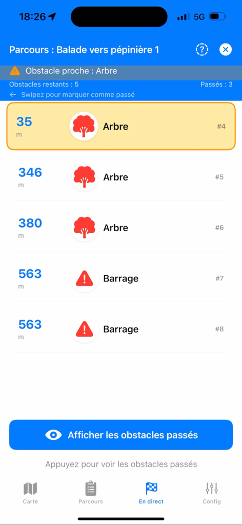 Canoe Kayak - A mobile app interface displaying a real-time list of river obstacles such as trees and dams with distances for safe kayaking navigation.