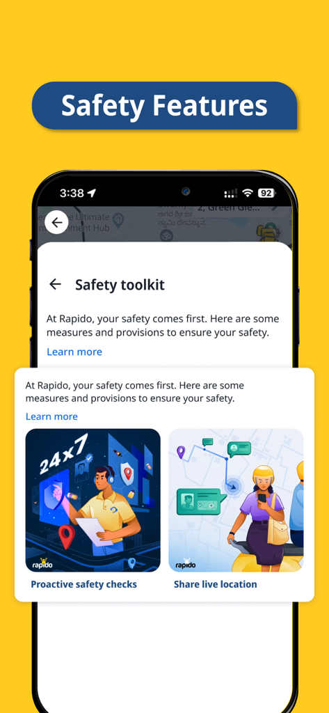 Rapido app interface displaying safety toolkit with proactive safety checks and live location sharing features.