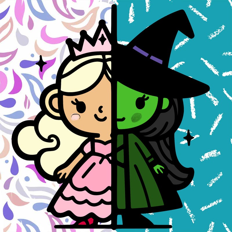 detailed split of a princess and a witch