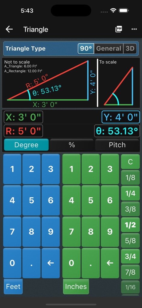 Outil de calcul de triangle de calculatrice de construction montrant les dimensions et un pavé numérique spécialisé pieds et pouces.