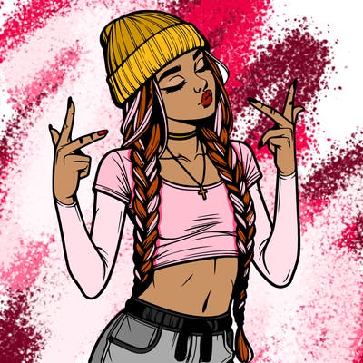 realistic teenage girl with braids and a beanie and crop top doing 🫶🏼