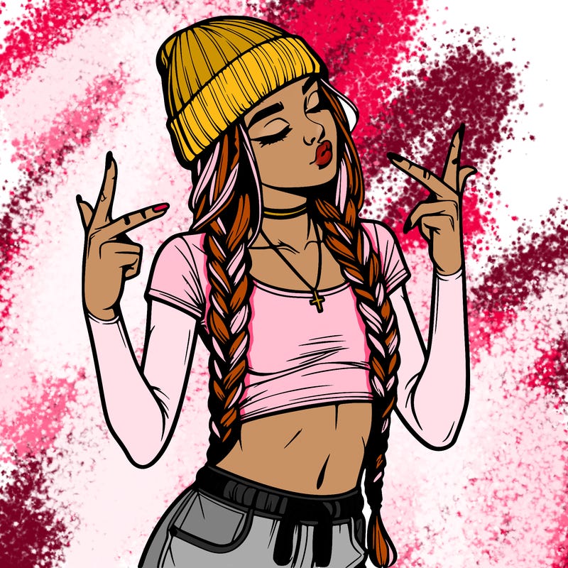 realistic teenage girl with braids and a beanie and crop top doing 🫶🏼
