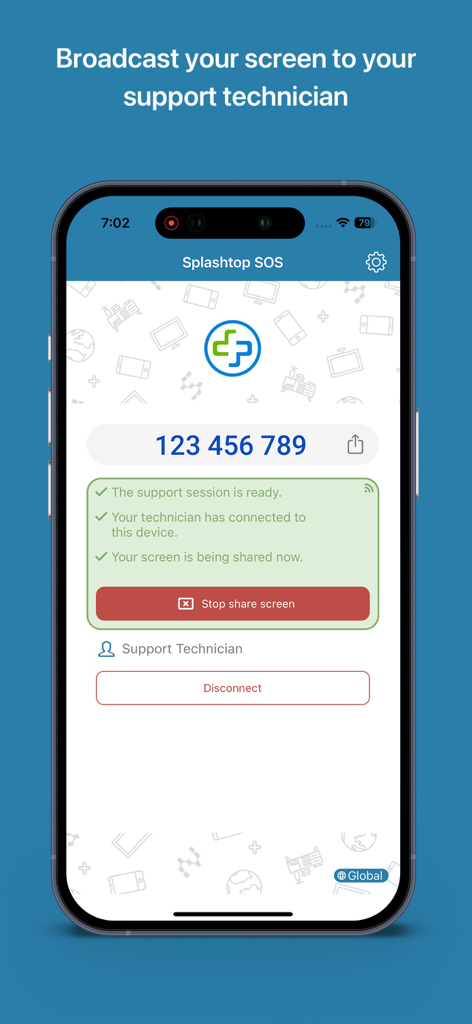 Splashtop SOS app interface showing an active remote screen sharing session with a technician