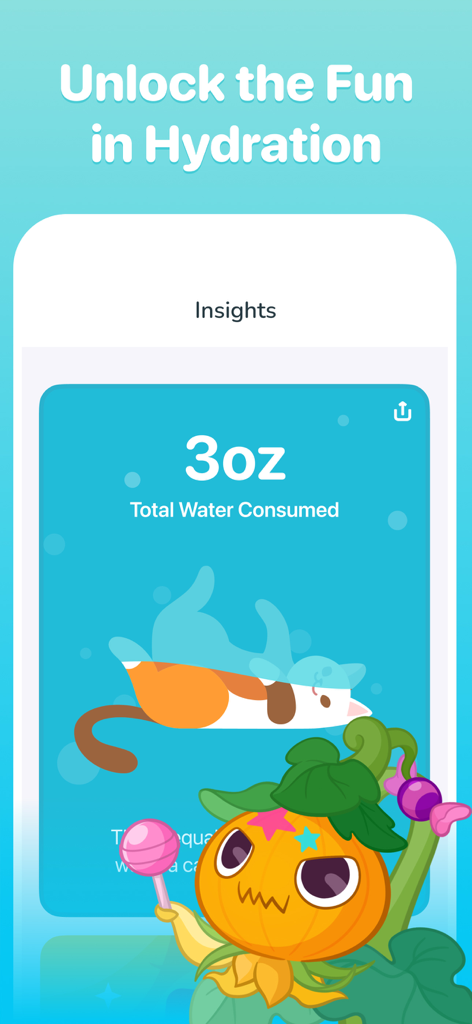 Plant Nanny Cute Water Tracker - Interface do aplicativo Plant Nanny mostrando 3oz de água total consumida com personagens animados fofos