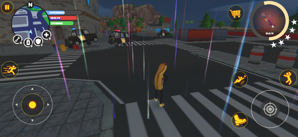 Stick Hero Simulator - Stickman character wearing a hotdog costume in an open world city street