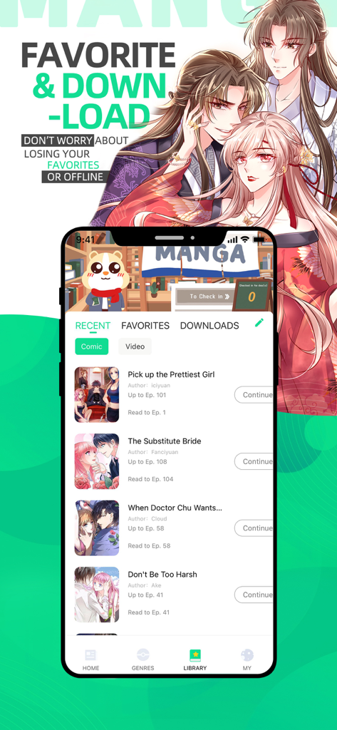 Interfaz de la aplicación Ur Manga mostrando la biblioteca de cómics y las funciones de descarga de favoritos