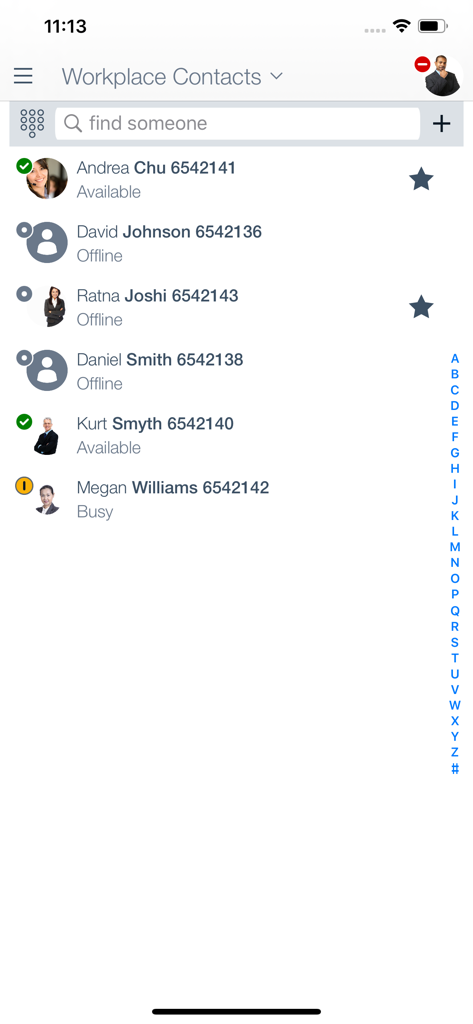 Avaya Workplace - Avaya Workplace app showing a list of corporate contacts with status indicators and search functionality
