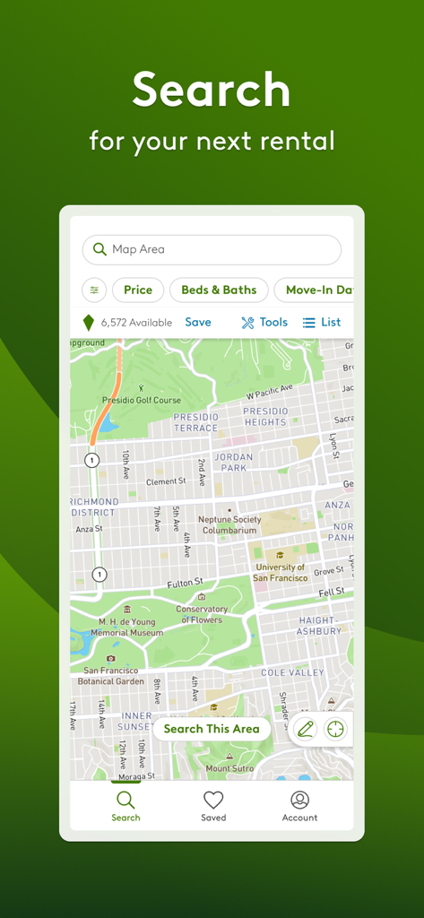 Apartments.com Rental Finder - Interfaz de la aplicación móvil Apartments.com que muestra una búsqueda de alquiler basada en mapas con filtros de precios y habitaciones