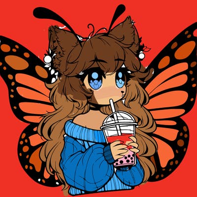 a realistic butterfly/furry girl drinking boba