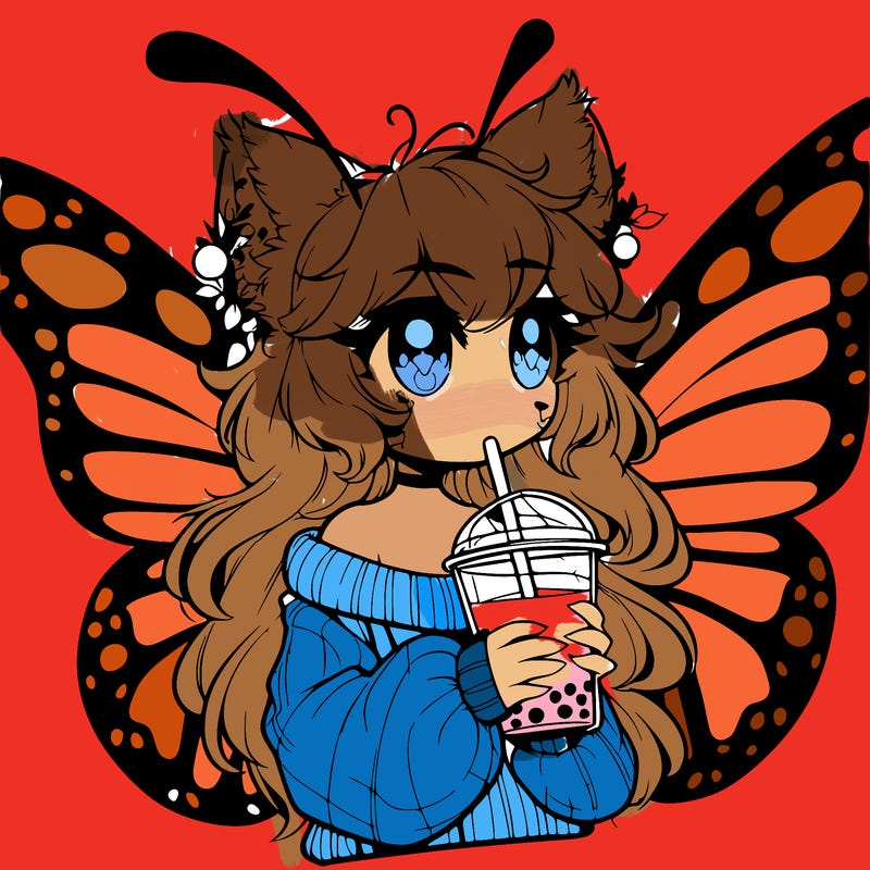 a realistic butterfly/furry girl drinking boba