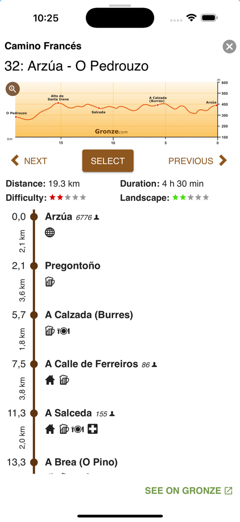 Gronze Maps - Elevation profile and route stage details for the Camino de Santiago on Gronze Maps
