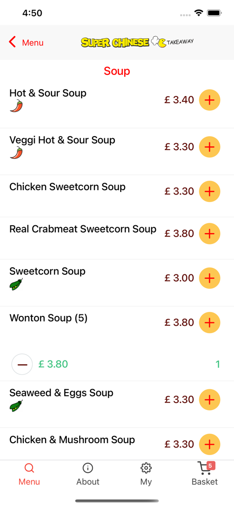 Super Chinese Takeaway - The soup menu category in the Super Chinese Takeaway app displaying various soup options and prices