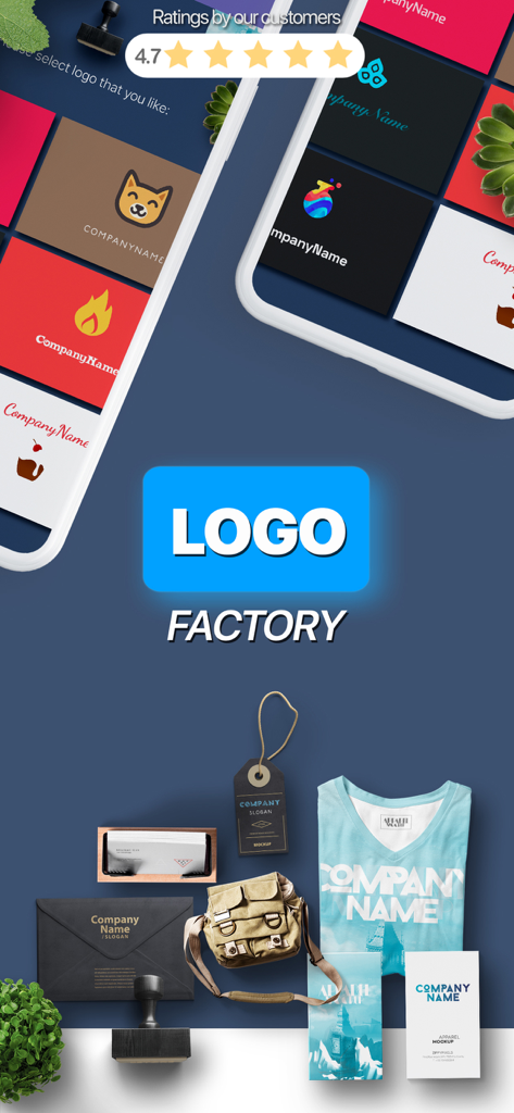 AI Logo Maker & Name Generator - AI Logo Maker app interface showing various professional logo designs and branding mockups on merchandise and business cards.