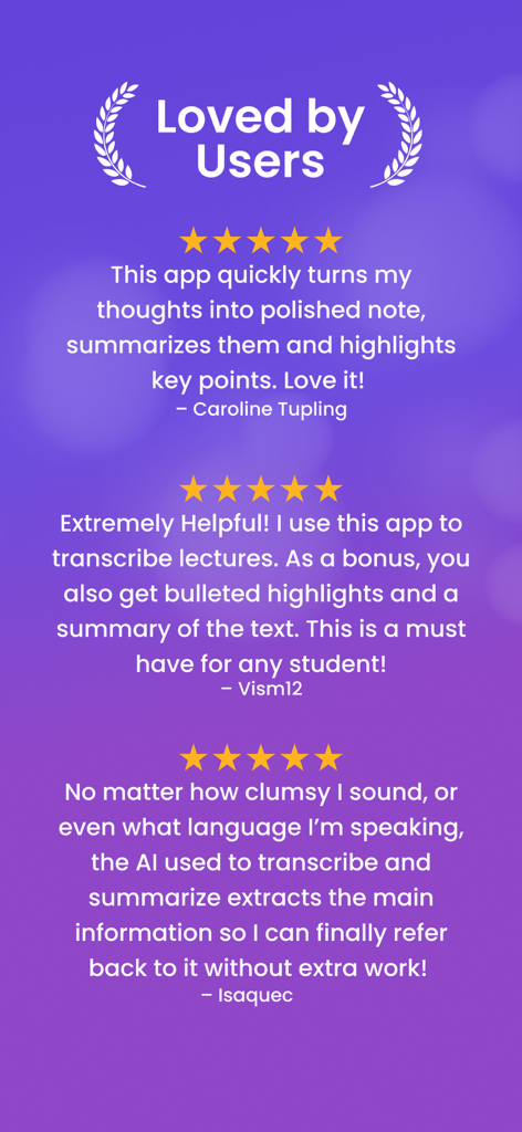 Drei positive Fünf-Sterne-Nutzerbewertungen für die Transcribe AI App von Studenten und Fachleuten.