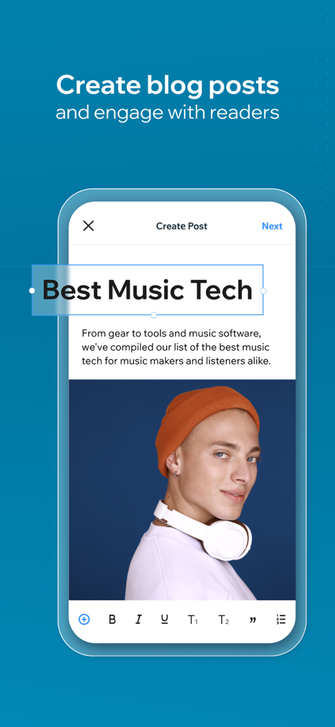Mobile interface of the Wix app showing blog post creation with text and image editor