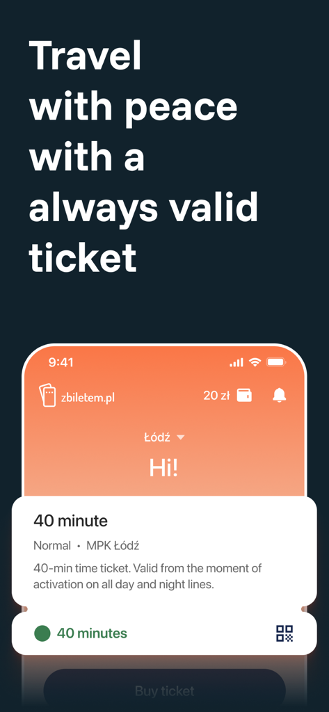 zBiletem - bilety komunikacji - zBiletem app interface showing a 40 minute public transport ticket for Lodz Poland with a headline about travel peace of mind