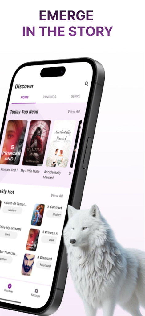NovelFic-Novels&Fictions Story - Interfaz de la aplicación móvil NovelFic que muestra historias de romance de moda y un lobo blanco.