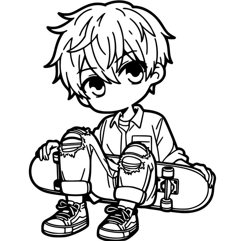 anime boy with short hair, wearing ripped jeans and a button up, holding a skateboard
