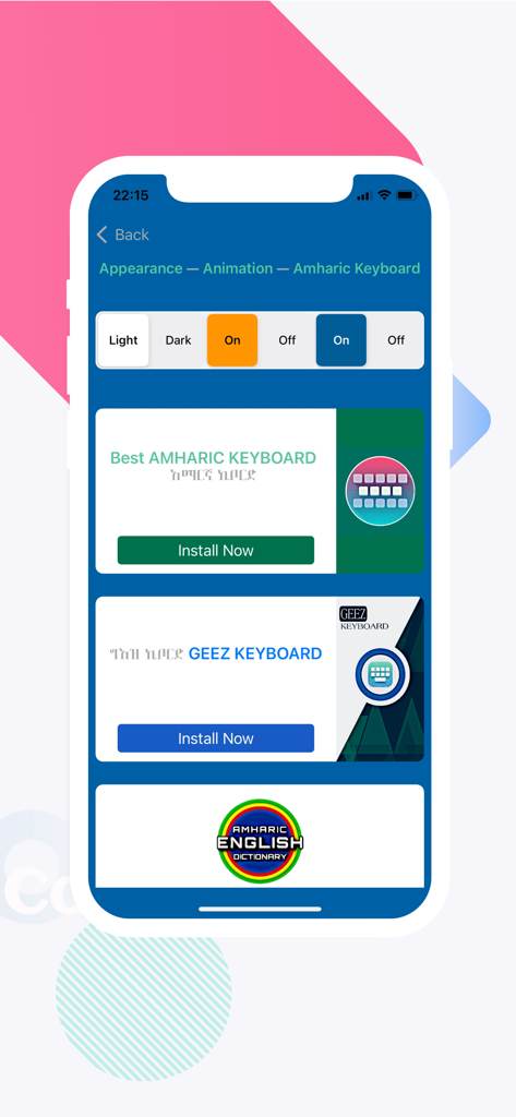 Amharic: Learn 12 Languages - Interfaccia delle impostazioni dell'app in un dizionario Amarico-Italiano con opzioni di aspetto e tastiera