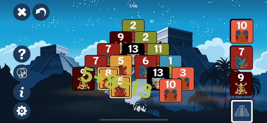 Pyramid+ - Pyramid Plus solitaire card game interface with Aztec motif and cards matching to thirteen