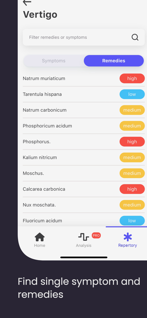 Healio Homeopathy - Liste homöopathischer Mittel gegen Schwindel in der Healio App.