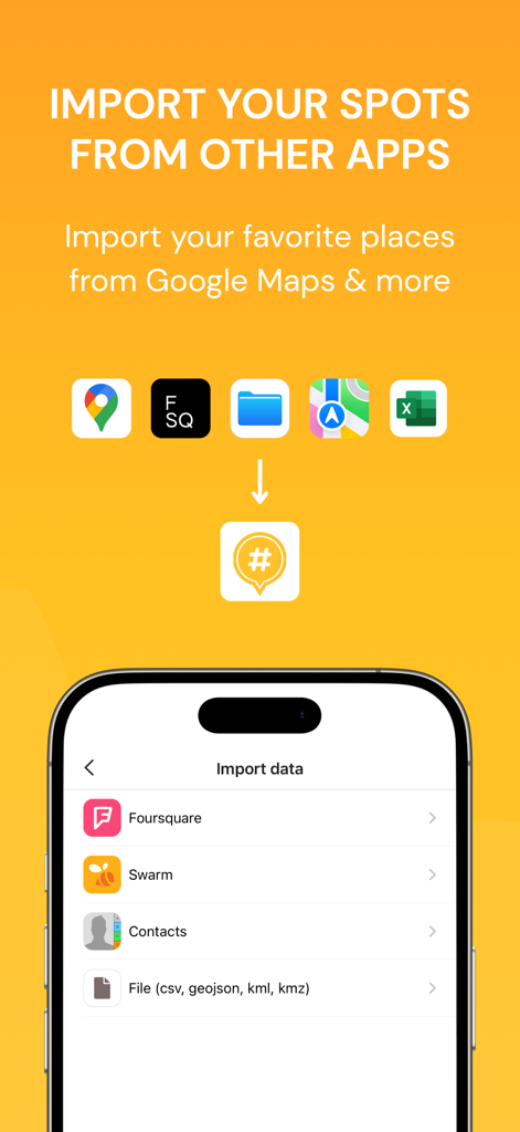 Mapstr app interface showing options to import favorite places from Google Maps, Foursquare, Apple Maps, and various file formats like CSV or KML.