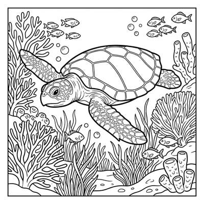 Discover the beauty of the ocean with this exquisite Kemp's Ridley Sea Turtle coloring page, swimming gracefully amidst a vibrant underwater garden. Immerse yourself in a serene marine scene, ready for your creative touch to bring it to life.