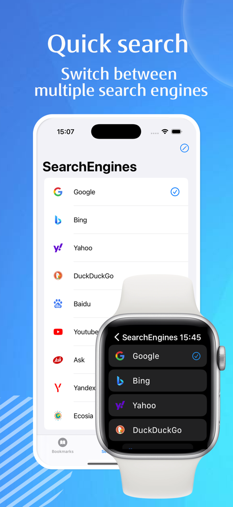 Auswahlliste der Suchmaschinen in den iPhone- und Apple-Watch-Apps