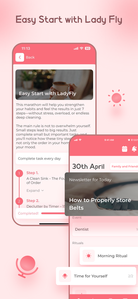 Interface do aplicativo LadyFly mostrando rituais diários, gerenciamento de tarefas domésticas e dicas de hábitos de limpeza