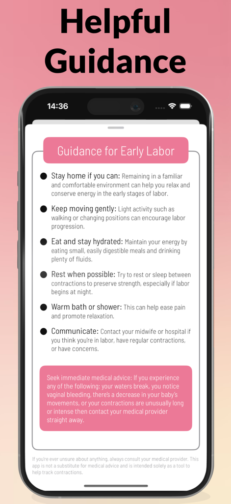 Early labor guidance screen with medical tips and advice for pregnant parents