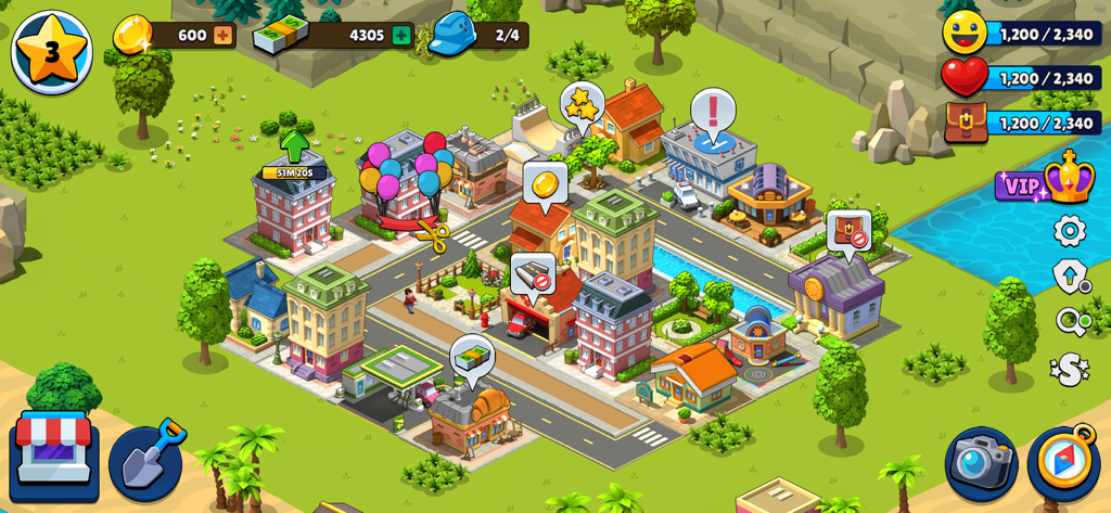 Vista de arriba hacia abajo de una colorida ciudad insular con casas y tiendas en Village City Town Building Sim