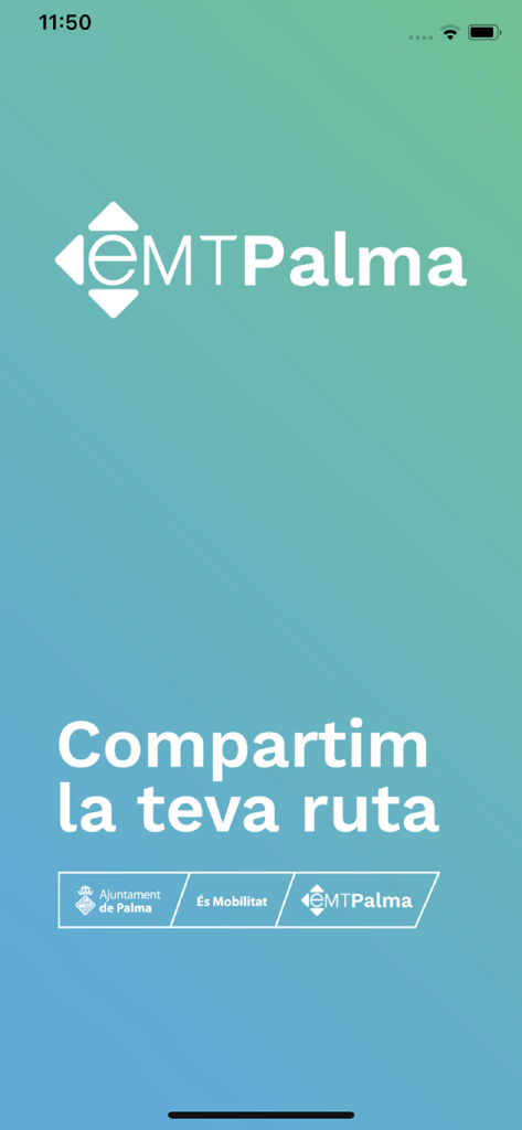 Pantalla de inicio de la aplicación EMT Palma con el lema Compartim la teva ruta sobre un fondo azul y verde