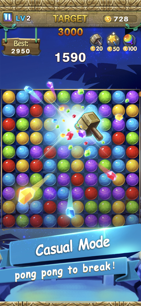 Bubble Breaker casual mode gameplay showing a hammer power-up breaking colorful bubbles