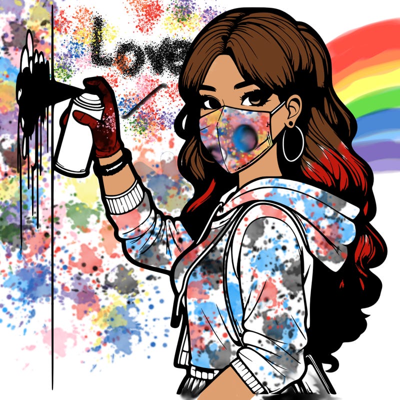 realistic girl with mask spray painting a wall