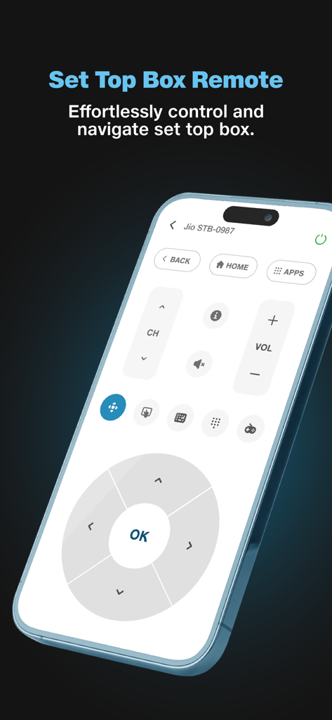 JioHome mobile app interface displaying a digital remote control for the Jio Set Top Box.