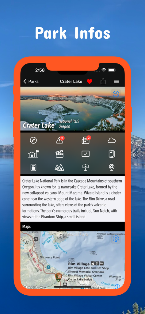 Oregon Pocket Maps - Oregon Pocket Maps app screen displaying Crater Lake National Park information and map