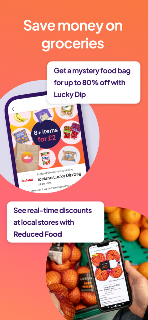 OLIO - OLIO mobile app interface displaying grocery savings features like mystery food bags and real-time local store discounts.
