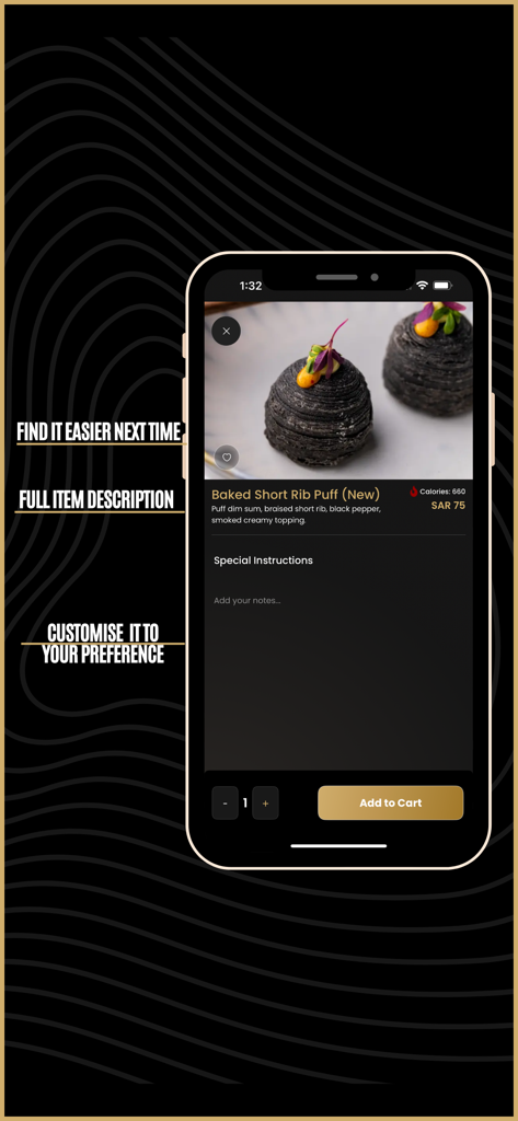 Lugmety | لقمتي - Lugmetyアプリのインターフェース、詳細な食品アイテムの説明と注文オプションを表示