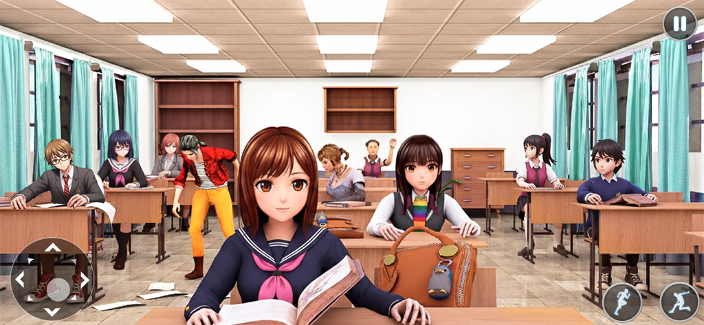 Estudantes de anime sentados em carteiras em uma simulação de sala de aula 3D de ensino médio.